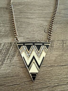 Gold-Tone Black & Cream Triangle Pendant Necklace with Crystal Accents